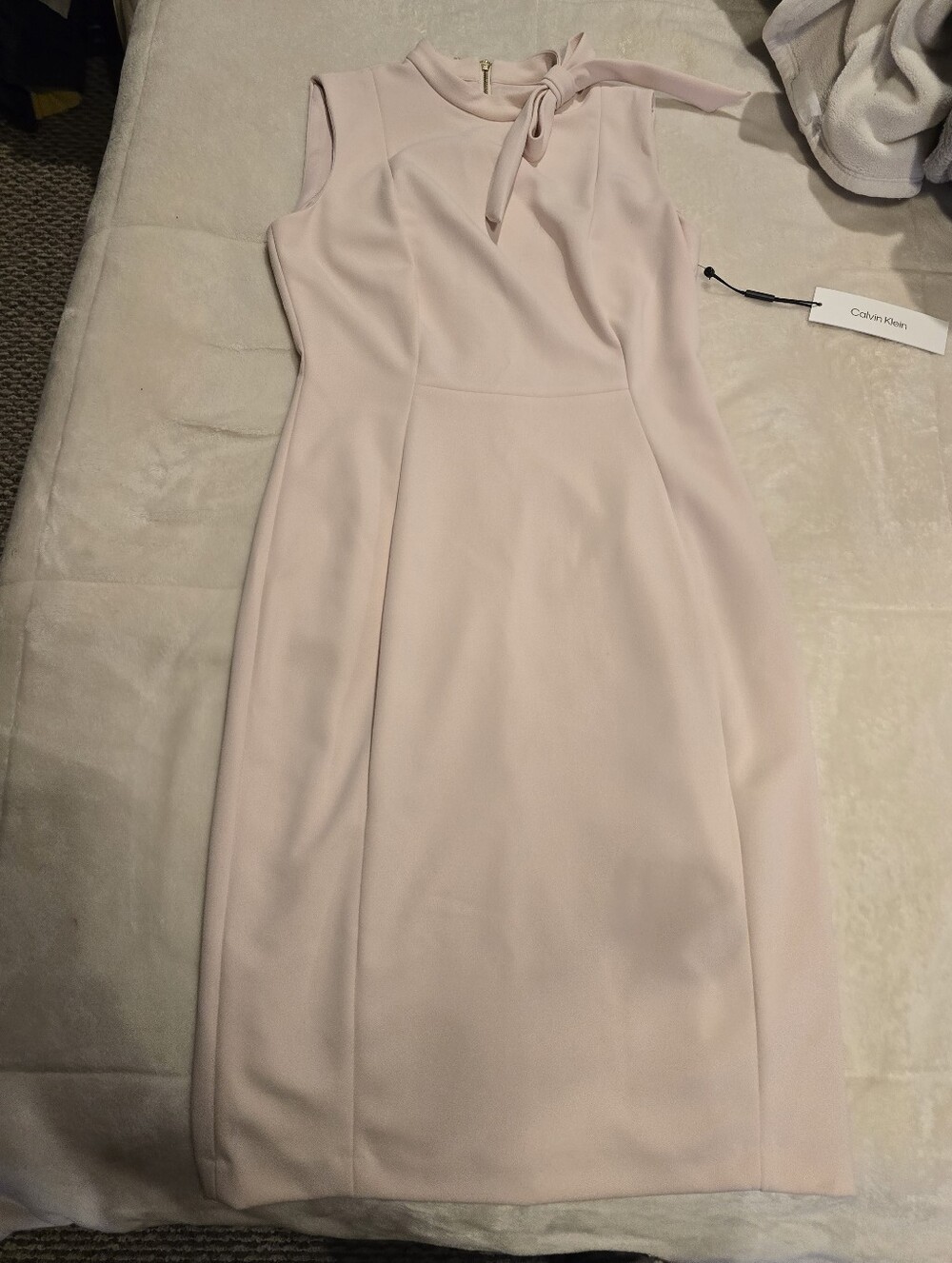 Calvin Klein Pale Pink Midi Sheath Dress with Neck Tie